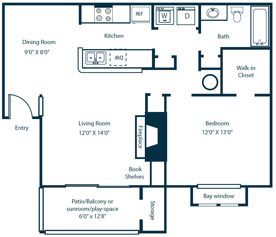 Floor plan for 1 bed, 1 bath, 860 sqft
